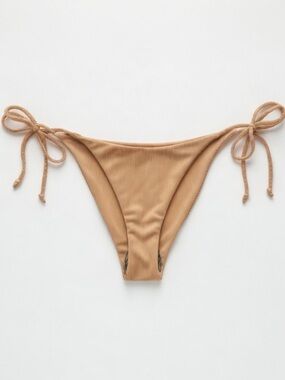 Skatie Venice Ribbed Cheeky Tie-Side Bikini Swim Bottom Neutral Beige Tan Size S